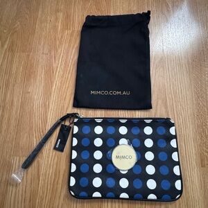 {Mimco} Black Clutch with Blue and White Dots
